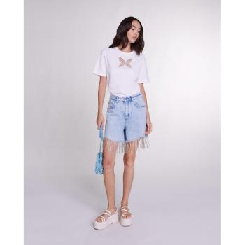 Light Blue Maje Ioza Rhinestone Fringe Jeans Shorts, Size 40 FR/8 US