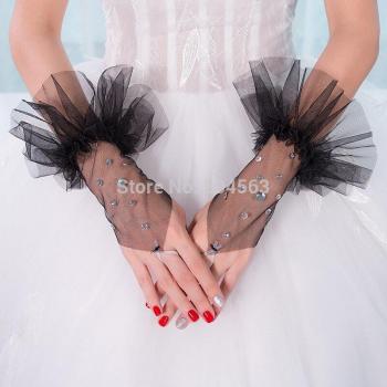 Black Pearl-Embellished Fingerless Bridal Gloves