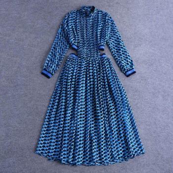 TWOTWINSTYLE Women's Hollow Out Midi Dress with Stand Collar and Summer Print
