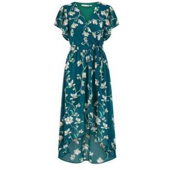 Robe Midi Yumi Yumi Verte à Imprimé Floral avec Ourlet Froncé UK 22