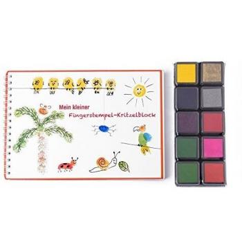 EAST-WEST Trading Fingerstempel-Kritzelblock mit 10 verschiedenen Stempelkissen und Vorlagen für Kinder