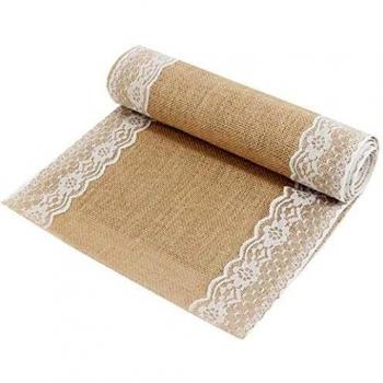 CCSimple Décoration de table en toile de jute et dentelle, longueur 275 cm, largeur 30 cm, usage mariage, festival, fête
