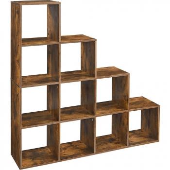 Étagère escalier en bois avec 10 compartiments ouverts, Marron Rustique