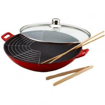 Wok en fonte de 36 cm avec poignées extra-longues et couvercle en verre