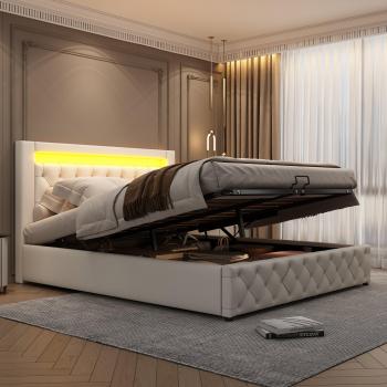 Cama Contenedor con Somier de Láminas y Cabecero LED
