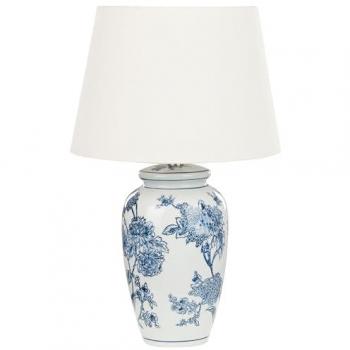 Lampada da Tavolo Classica con Base in Porcellana Bianco e Blu e Paralume in Tessuto di Lino 54 cm