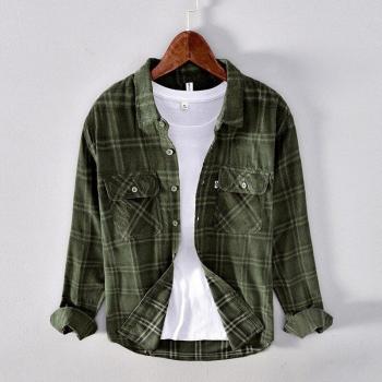 Camisa de manga larga a cuadros de pana para hombre, color verde y caqui, algodón puro, estilo retro, ropa de trabajo informal, Otoño Invierno L897
