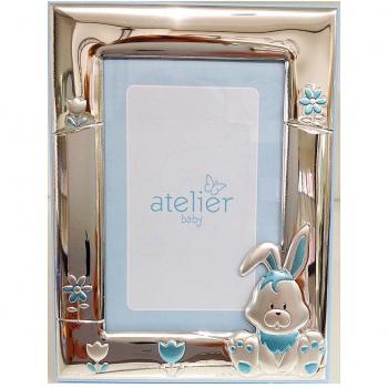 Cornice Neonato Coniglietto 13x18 Celeste Legno Argento Bilamina Athelier