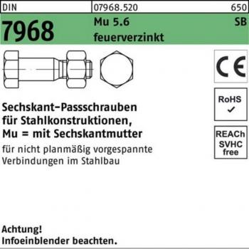 MUTTERSECHSKANTSCHRAUBE DIN 7968, 5.6 mm, M16 x 110, feuerverzinkt – 25 Stück in Schachtel