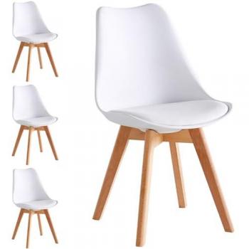 Set completo di quattro sedie da pranzo bianche, gambe in legno e cuscini imbottiti – Shally Dogan