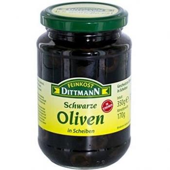 Delikate schwarze Oliven-Scheiben im Glas, 180 g
