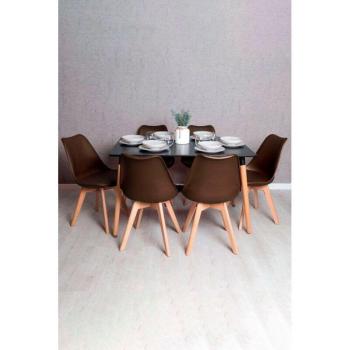Mesa Rectangular Tower 120x80 cm Negra y Pack de 6 Sillas Synk Basic Marrón