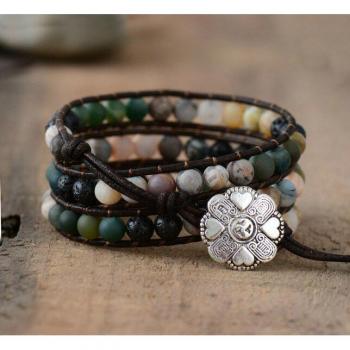 Bracelet femme 6MM pierre mate en cuir fait main