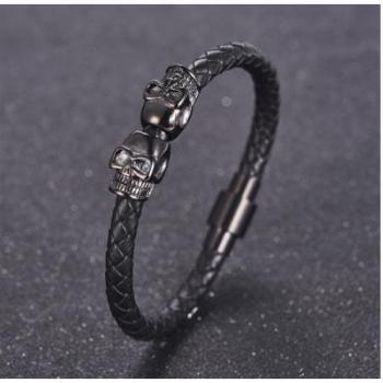 Bijou en Cuir Noir pour Homme avec Crâne en Acier