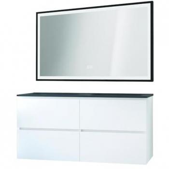 Armario de baño vanguardista 120 cm, blanco mate, 2 cajones, tapa negra + espejo Selena