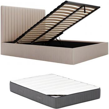 Lit coffre 160 × 200 cm « Sarah » – Tête en velours côtelé beige, matelas fourni