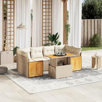 Sofá de Jardim 7 Peças com Almofadas de Vime PE Bege
