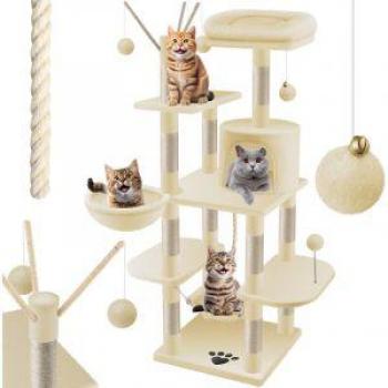 Poste Rascador Estable para Gatos con Juguetes y Cueva