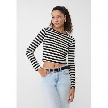 Striped Crop Shirt – Black (M) – Stradivarius Basic