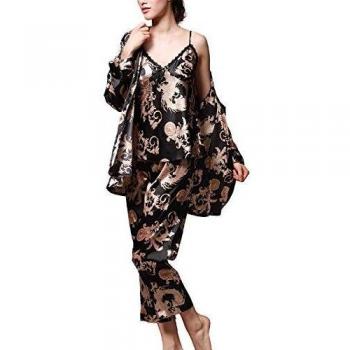 Pyjama de Soie Femme Sexy Trois-pièces Noir 2XL