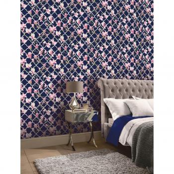 Metallic Pink Magnolia Trellis Floral Wall Covering