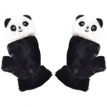 Gants d’Hiver en Peluche Panda Noir à Demi‑Doigts