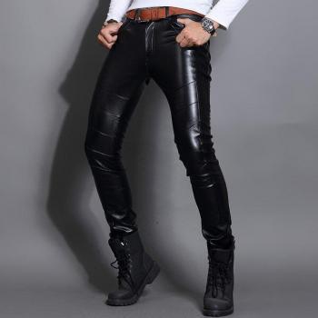 PU Leather Slim Fit Motorcycle Trousers for Men