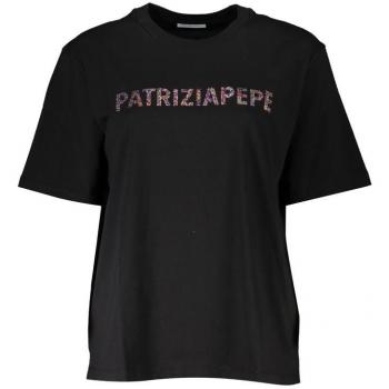 Patrizia Pepe, T-Shirts, female, Black, Size: M Chic Rhinestone Embellished Round Neck T-Shirt