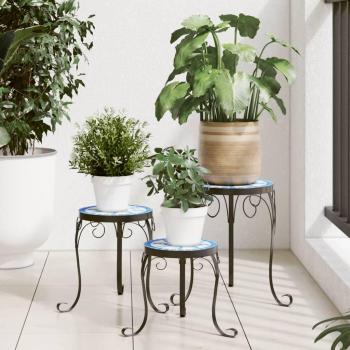 VidaXL Set of 3 Blue and White Ceramic Plant Stands