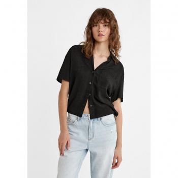 Stradivarius Leinenhemd Kurzarm Schwarz M