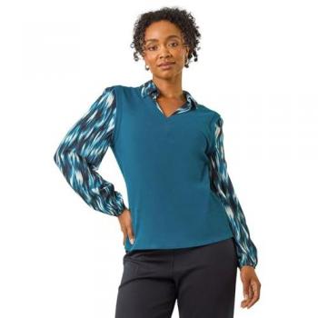 Roman Roman Blau Petite Kontrast V-Hals Bluse