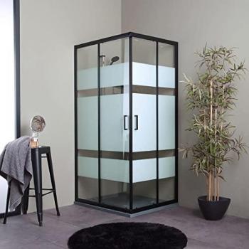 Paroi douche 80x120 cm Kiamami Valentina City, cadre noir mat et verre sérigraphié 6 mm
