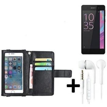 Carcasa Monedero Sony Xperia E5 Cuero Sintético Negro Protector + Auriculares