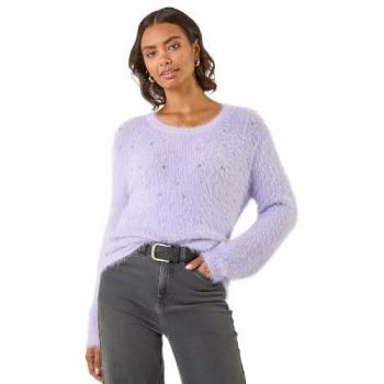 Embellished Roman Lily‑Shade Fluffy Knit Top