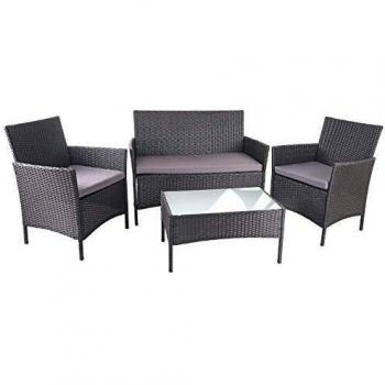 Garten‑Lounge‑Set Mendler HWC-D82: schwarze Polyrattan‑Sitzgruppe + anthrazit Kissen