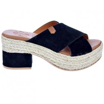 Sandalias de Cuña Popa Nilo en Serraje Negro con Tiras Laterales en Yute y Delanteras Cruzadas