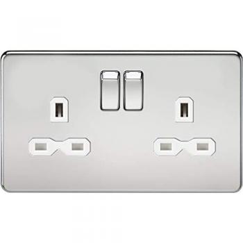 Knightsbridge Switch Socket, Polished Chrome, 2 Gang, 13 Amp, 230V, 3 Pin, UK Standard