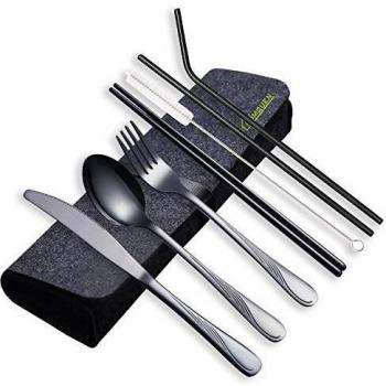 Portable Silverware Set including Knive, Fork, Spoon, Chopsticks, Straws, and Case