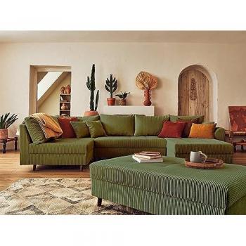 Canapé panoramique Rune Angle Gauche 7 Places Velours Côtelé Vert – Version Pouf