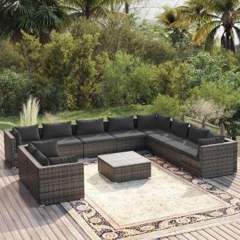 VidaXL 11‑Piece Patio Lounge Set with Cushions – Grey Rattan Fabric