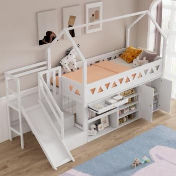 Lit enfant avec toboggan et tiroirs, blanc, 90x200