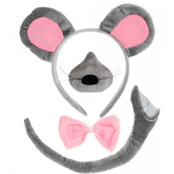 Kit Divertido de Ratón Gris: Diadema, Nariz, Pajarita y Cola