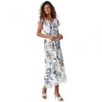 Floral Print Ivory Wrap Dress with Frilled Cape – Size 10 UK
