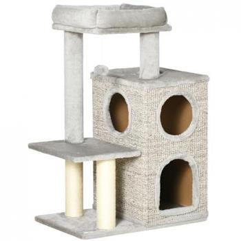 PawHut 91 cm Katzenbaum mit 2 Höhlen und Sisalsäule, hellgrau