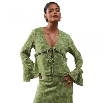 Olive Green Women's Burnout Chiffon Ruffle Tie Front Blouse Co-ord Size 10 UK