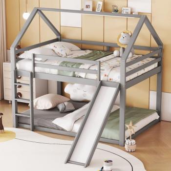 Lit superposé en pin gris 140x200 cm avec échelle et toboggan