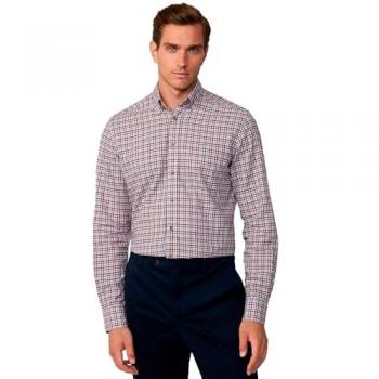 Camisa de hombre tailored fit de cuadros gingham Hackett en color rojo, con manga larga y diseño brushed