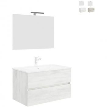 Salle de bain meuble suspendu 90 cm, lavabo, tiroirs, miroir LED – couleur blanc