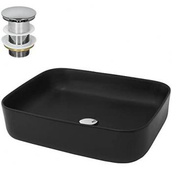 Lavabo en Céramique, Noir, 51x40,5x13,5 cm, Forme Carré, Garniture de Vidage Argent, Vasque á Poser