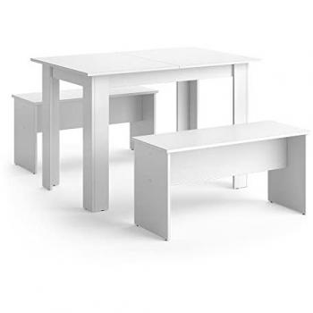 Set di Tavoli Sentio con Panche, Bianco, 110 x 70 cm
